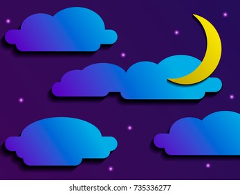 Paper night sky. Moon, stars and clouds. The graphic illustration consists of dark blue sky. Vector illustration
