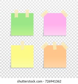 Paper note with adhesive tape vector illustration. Sticky note on transparent background.
