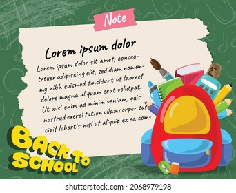 nota de papel de vuelta a los objetos de icono de educación escolar ilustración de fondo de marco diseño vectorial