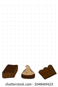 Paper note book template with brownies and chocolate in hand drawn style. For print, package, menu. Vector illustration
