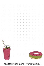 Paper note book template with smoothie and donuts in hand drawn style. For print, package, menu. Vector illustration