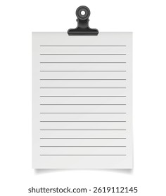 Paper note with bulldog clip. White sheet of paper. Metal holder. Lined notebook paper	