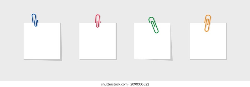 Papel para la nota con clip. . Paperclip para memo. Cuaderno de color con clip para recordatorio en la escuela, oficina y hogar. Alfiler metálico sobre pegatinas de papel con sombra. Etiqueta en blanco. Vector.