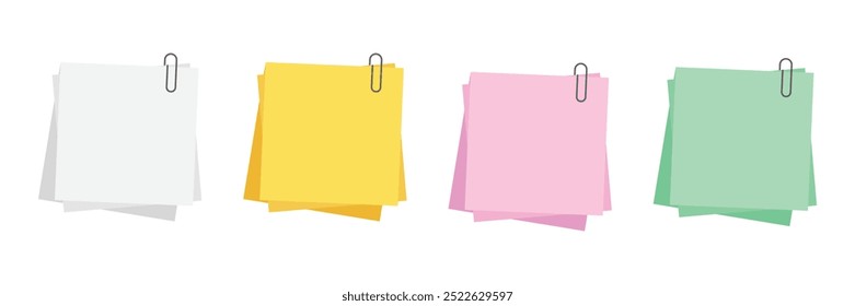 Paper note with clip set in flat style. Note paper pieces vector illustration on isolated background. Sheets of note papers sign business concept.