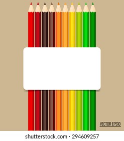 Nota de papel con fondo de lápices de color, ilustración vectorial.