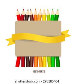 Nota de papel con fondo de lápices de color, ilustración vectorial.