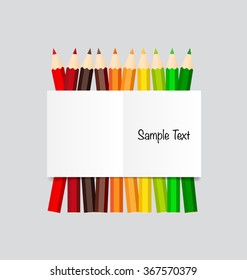 Nota de papel con fondo de lápices de color, ilustración vectorial.