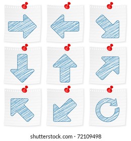 Paper note and drawing arrows on a white background. Vector illustration.