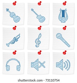 Paper note and drawing music symbol on a white background. Vector illustration.