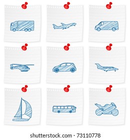 Paper note and drawing transport symbol on a white background. Vector illustration.