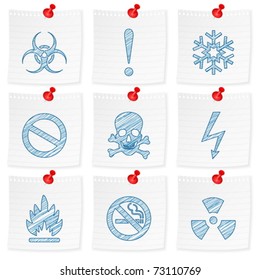 Paper note and drawing warning sign on a white background. Vector illustration.