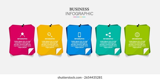 Diseño de infografía de nota de papel con 5 opciones, pasos, diseño de Plantilla de Vector de números