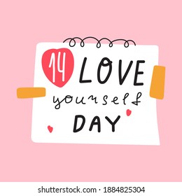 Paper note. Love yourself day. Concept for Valentine's day. Hand drawn vector illustration on pink background. 