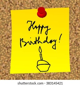 A paper note with message HAPPY BIRTHDAY on a cork board