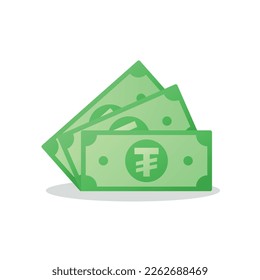 Paper note with Mongolian Tugrik sign. Banknote cash money symbol. Saving, exchange, finance and budget concept. Flat vector currency symbol.