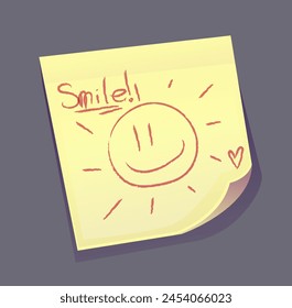 Paper note. Notepad sheet or yellow office sticker with cute smiling emoji. Sticky notes for reminders, schedules and memo messages. Cartoon flat vector illustration isolated on gray background