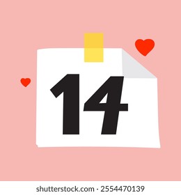 Paper note with number - 14 and two little hearts. Design for St. Valentine's day. Illustration on white background. 