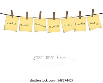 paper note on the rope with clothes peg and space for the text, week schedule concept