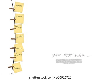 paper note on the rope with clothes peg and space for the text, week schedule concept