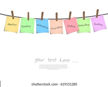 paper note on the rope with clothes peg and space for the text, week schedule concept