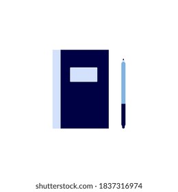 Paper note pad and pen - flat blue icon isolated on white background. Cartoon notepad or book laying by pencil - basic school equipment vector illustration.