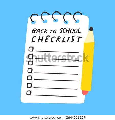 Paper note with pencil. Back to school checklist design. Vector hand drawn illustration on blue background.