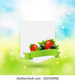 Paper note with ribbon, berries and leaves on bright summer background. Vector illustration. 