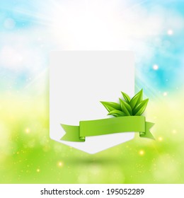 Paper note with ribbon and leaves on bright summer background. Vector illustration.