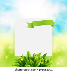 Paper note with ribbon and leaves on bright summer background. Vector illustration.