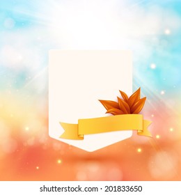 Paper note with ribbon and leaves on bright autumn background. Vector illustration. 