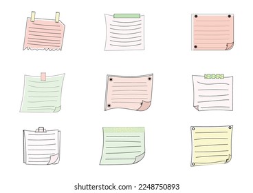 Paper note set.Blank notes with tape and stickers.Notebook collection with curled corners. Adhesive Note,Checked Pattern,Paper,Education. Vecter message and notepaper concept.
