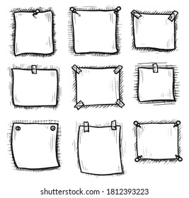 Esbozo de notas de papel. Hoja de papel pegajosa dibujada a mano para el mensaje colgado en la pared con cinta adhesiva, clavija o conjunto de iconos del clip. Ilustración de estilo Doodle. Colección de esbozo en blanco de vectores memo