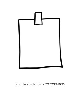 Paper note sketch. Hand drawn sticky paper note sheet for message changed on wall with scotch tape. Doodle illustration isolated on white.