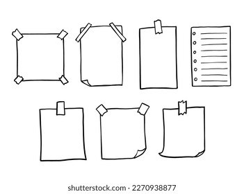 Paper note sketch set. Hand drawn sticky paper note sheet for message changed on wall with scotch tape. Doodle illustration isolated on white