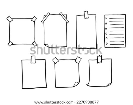 Paper note sketch set. Hand drawn sticky paper note sheet for message changed on wall with scotch tape. Doodle illustration isolated on white