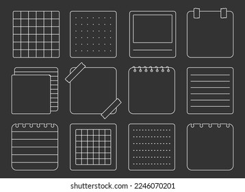 Paper note sticker square notepad white line set. Differ lined squared dotted paper note minimal transparent sticker planner notebook design page task do list reminder frame notebook outline isolated