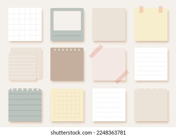 Paper note sticker square notepad pastel flat set. Sheet spiral notebook scotch taped to do list planner fulfillment board reminder time planner sequence organization diary schedule memo pin isolated