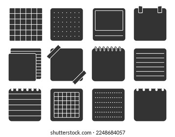 Paper note sticker square notepad black glyph set. Lined squared dotted paper note silhouette stamp filler sticker planner notebook design page task do list reminder frame notebook imprint isolated
