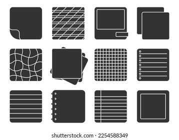 Paper note sticker square notepad black glyph set. Lined squared dotted paper note silhouette stamp filler sticker planner notebook design page task do list reminder frame notebook imprint isolated