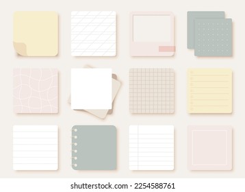 Paper note sticker square notepad pastel flat set. Sheet spiral notebook scotch taped to do list planner fulfillment board reminder time planner sequence organization diary schedule memo pin isolated