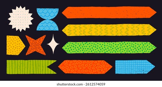 Paper note stickers in various shapes and styles on black background.