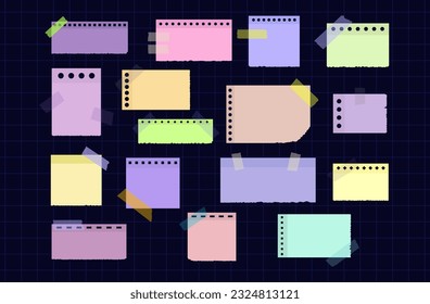 Paper note, sticky sticker with a torn edge. A sticky piece of paper torn from a notebook. Reminder, to-do list, notification. Blank page for entries, message. Business office sheet. Vector set.