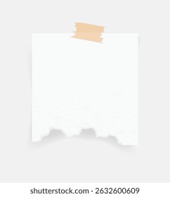 Paper note and tape. Torn paper sheet sticker on white background. White paper memo for reminder. Vector illustration.