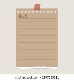 Paper note, torn paper sheet. Striped note, copybook, notebook sheet. To do list. Office and school stationery, memo sticker. Vector illustration.