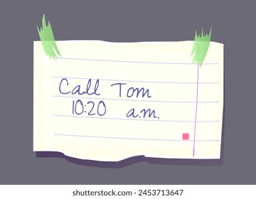 Paper note. Torn striped sheet with to do list or reminder for efficient work and time management. Memo message and office notice. Cartoon flat vector illustration isolated on gray background