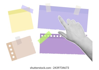 Paper note. Woman's hand points to
advertising, to-do list, blank paper note. News board, reminder, torn page secured with sticky tape. Contemporary collage art in halftone style. Vector illustration.