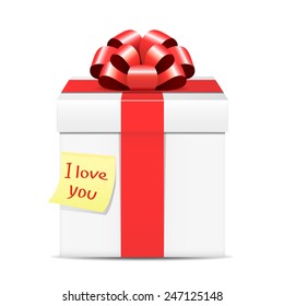 Paper note with the words I love you glued to the gift box