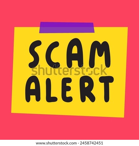 Paper note with words - scam alert. Vector illustration on red background.