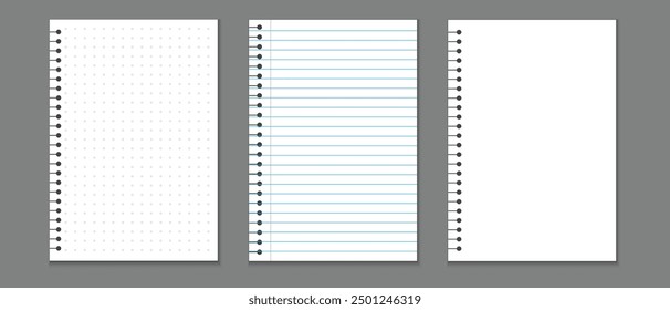 paper notebook, blank paper note book, notebook sheet, notebook page template, line notepad pages, dot graph notepad page vector illustration.