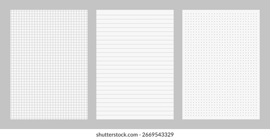 Bloco de anotações de papel com grade, linha e ponto. Padrão de folhas de escola sobre fundo branco. Modelo em branco para formação universitária.
